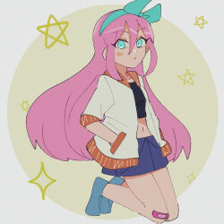  1girl andou_(sino_spkt) aubrey_(faraway)_(omori) aubrey_(omori) bandaid bandaid_on_knee bandaid_on_leg blue_eyes blue_hairband blue_skirt blue_socks blush closed_mouth collarbone commentary_request crop_top denim denim_skirt double-parted_bangs full_body hair_between_eyes hairband jacket long_hair looking_at_viewer navel omori pink_hair short-sleeved_jacket short_sleeves sidelocks skirt socks solo white_jacket 