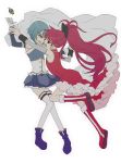  bare_shoulders blue_eyes blue_hair boots bow cape detached_sleeves gloves hair_bow long_hair magical_girl mahou_shoujo_madoka_magica miki_sayaka multiple_girls open_mouth ponytail reaching red_eyes red_hair redhead sakura_kyouko short_hair simple_background skirt soul_gem tears thigh-highs thighhighs tiihatanono 