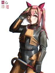  1girl absurdres adjusting_hair arm_at_side armor artist_name averting_eyes black_armor black_bodysuit bodysuit commentary cosplay cowboy_shot crowbar ear_covers english_commentary gordon_freeman gordon_freeman_(cosplay) hair_between_eyes hair_ribbon half-life_(series) hand_on_own_head hand_up haru_urara_(umamusume) headband hev_suit high_ponytail highres holding holding_crowbar lambda_symbol long_hair looking_to_the_side looking_up multicolored_bodysuit ngmq orange_armor orange_bodysuit parted_lips pink_eyes pink_hair playing_with_own_hair ponytail power_armor raised_eyebrows red_headband red_ribbon ribbon romaji_commentary signature simple_background solo standing turtleneck two-tone_bodysuit umamusume white_background 