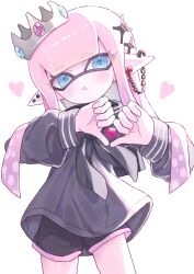 1girl absurdres balck_shirt black_shorts blue_eyes blue_pupils blush chain chain_earrings commentary crown dolphin_shorts ear_piercing heart heart_hands heart_in_heart_hands highres inkling inkling_girl inkling_player_character long_hair piercing pink_hair pointy_ears riimaika sailor_collar sailor_shirt shirt shorts simple_background solo splatoon_(series) standing tentacle_hair untranslatable_commentary white_background 