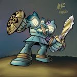  aegislash golurk no_humans pokemon pokemon_(creature) shield sword violet_eyes weapon 