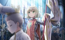  1girl 6+boys armor artist_request belt belt_buckle blonde_hair brown_belt buckle cape closed_eyes coronation crown determined flag fleur-de-lis full_armor game_asset gold_crown green_eyes highres holding holding_flag indoors jeanne_d'arc_(madoka_magica) jewelry light_rays looking_ahead loose_hair_strand mahou_shoujo_madoka_magica mahou_shoujo_madoka_magica_magia_exedra mahou_shoujo_tart_magica multiple_boys official_art pillar red_tabard ring short_hair soldier solo_focus stained_glass tabard tareme third-party_source white_cape 