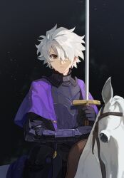 1boy armor black_armor black_background black_gloves black_shirt blurry breastplate brown_eyes capelet chinese_commentary closed_mouth commentary_request couter depth_of_field fate/grand_order fate_(series) galahad_(fate) gloves hair_over_one_eye highres holding holding_sword holding_weapon horse horseback_riding long_sleeves looking_at_viewer male_focus one_eye_covered purple_capelet riding shirt short_hair simple_background solo sword traveler738 vambraces weapon white_hair 
