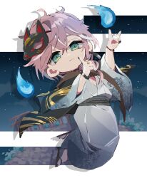  1boy :3 absurdres azuma_shiro black_mask black_nails bracelet brown_scarf chibi chibi_only drop_shadow floral_print floral_print_kimono fox_mask fox_shadow_puppet full_body green_eyes grey_kimono highres hitodama holostars index_finger_raised japanese_clothes jewelry kimono low_ponytail male_focus mask mask_on_head medium_hair multicolored_hair nail_polish night official_alternate_costume outdoors pink_hair ponytail print_kimono rikka_(3rd_costume)_(holostars) rikka_(holostars) ring scarf sky solo spider_lily_print star_(sky) starry_sky streaked_hair torii virtual_youtuber white_streaks 