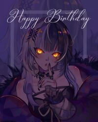  1girl black_choker black_dress black_hair black_nails choker coat commentary dress fur-trimmed_coat fur_trim grey_hair grey_ribbon happy_birthday highres hololive hololive_english index_finger_raised jewelry long_hair multicolored_hair purple_coat ring shiori_novella shiori_novella_(1st_costume) solo split-color_hair thevodcat two-tone_hair untranslatable_commentary virtual_youtuber yellow_eyes zoom_layer 