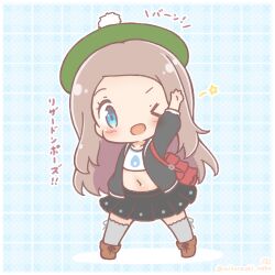  >_o 1girl ;d arm_up backpack bag black_jacket black_skirt blue_eyes blush boots brown_boots brown_hair chibi commentary_request crop_top forehead gloria_(pokemon) green_hat grey_thighhighs hat jacket long_hair long_sleeves midriff mitarashi_neko navel one_eye_closed plaid_background pleated_skirt pokemon pokemon_sword_and_shield puffy_long_sleeves puffy_sleeves shirt skirt smile solo standing star_(symbol) swept_bangs tam_o'_shanter thigh-highs thighhighs_under_boots translation_request very_long_hair white_shirt 
