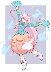  1girl blue_fire boots bubble_skirt commentary_request dual_wielding fire folding_fan forneus_0 fox_mask full_body hand_fan hata_no_kokoro highres holding holding_fan long_hair long_sleeves mask mask_on_head orange_skirt pink_eyes pink_hair plaid_clothes plaid_shirt shirt skirt skirt_cutout solo touhou very_long_hair white_boots 