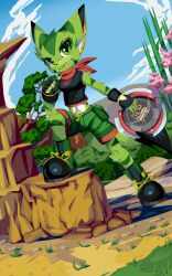  1girl absurdres animal_ears black_gloves black_nose black_shirt blue_sky boots carol_tea cat cat_ears cat_girl chinese_knot fangs fingerless_gloves freedom_planet freedom_planet_2 furry furry_female gloves goshaag green_boots green_eyes green_fur green_shorts highres outdoors red_scarf scarf shirt shorts sky striped_fur valley 