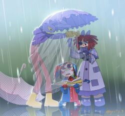  1boy 2girls absurdres animal_ears black_eyes black_hair blue_bow blue_dress blue_eyes blue_mittens blue_raincoat bow colored_sclera colored_teeth commentary_request dress furry furry_male gingham_capelet gingham_clothes gloves gosty_3 hair_bow hat highres holding holding_umbrella jax_(the_amazing_digital_circus) jester_cap korean_commentary mittens multicolored_eyes multiple_girls official_alternate_costume open_mouth overalls pink_overalls pomni_(the_amazing_digital_circus) poncho purple_poncho rabbit_boy rabbit_ears ragatha_(the_amazing_digital_circus) rain raincoat red_eyes red_hair red_raincoat shielding_another_from_rain signature the_amazing_digital_circus two-tone_eyes umbrella yellow_gloves yellow_sclera yellow_teeth 