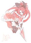  detached_sleeves dress food hair_bow kyubey long_hair mahou_shoujo_madoka_magica pocky polearm ponytail red red_eyes redhead sakura_kyouko simple_background sketch solo spear thigh-highs thighhighs weapon yukot 