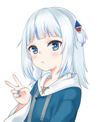  1girl :3 absurdres blue_eyes blue_hair blue_hoodie blue_nails blunt_bangs blush commentary english_commentary flat_chest gawr_gura hair_ornament highres hololive hololive_english hood hood_down hoodie long_hair long_sleeves looking_at_viewer multicolored_hair nail_polish one_side_up sidelocks simple_background solo streaked_hair ugaaaa1 upper_body v virtual_youtuber white_background 