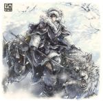  eyepatch fangs hagiya_kaoru male mittens pixiv_fantasia pixiv_fantasia_5 polearm riding snow solo weapon winter winter_clothes wolf 