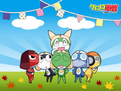  6+boys alien belt black_eyes blue_eyes bracelet copyright_name dororo_(keroro_gunsou) frog giroro glasses hat headphones jewelry keroro keroro_gunsou kururu_(keroro_gunsou) mask mouth_mask multiple_boys new_keroro_(keroro_gunsou) ninja_mask no_humans official_art official_wallpaper simple_background star_(symbol) tadpole tamama yoshizaki_mine 
