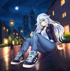  1girl absurdres aqua_eyes black_heart_(neptunia) breasts choujigen_game_neptune city cityscape highres hood hooded_track_jacket jacket lamppost long_hair looking_at_viewer medium_breasts neptune_(series) on_floor power_symbol power_symbol-shaped_pupils sitting solo symbol-shaped_pupils track_jacket tree very_long_hair white_hair xdlloyd091x 