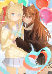  2girls absurdres ahoge animal_ears aqua_bow aqua_bowtie badge balloon bim1188170 black_cardigan black_skirt black_thighhighs blue_eyes blue_sailor_collar blue_skirt bow bowtie broken_heart broken_heart_hair_ornament brown_hair button_badge cardigan cat_ears cat_girl closed_mouth commentary commission cowboy_shot english_commentary evil_neuro-sama from_side hair_between_eyes hair_ornament hair_ribbon hand_grab heart heart_balloon heart_hair_ornament highres long_hair long_sleeves looking_at_viewer miniskirt multiple_girls neuro-sama off-shoulder_cardigan parted_lips pleated_skirt red_eyes red_ribbon ribbon sailor_collar shirt siblings single_thighhigh sisters skirt skull_hair_ornament sparkle thigh-highs twins two_side_up vedal_ai virtual_youtuber white_shirt yellow_cardigan 