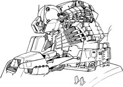  1980s_(style) cable cross-section english_commentary exposed_internal_machinery gundam gundam_sentinel incom_(gundam) katoki_hajime lineart magazine_scan mecha mecha_focus mobile_suit monochrome no_humans official_art retro_artstyle robot s_gundam scan science_fiction traditional_media upper_body white_background 
