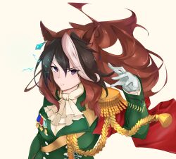  1girl absurdres aiguillette animal_ears ascot breasts brown_hair buttons cape closed_mouth commentary_request double-breasted earrings eight_(rrsw4433) epaulettes eye_trail gloves green_jacket hair_between_eyes highres horse_ears horse_girl jacket jewelry light_trail long_hair long_sleeves medium_breasts multicolored_hair red_cape side_cape simple_background single_earring single_epaulette streaked_hair symboli_rudolf_(emperor's_path)_(umamusume) symboli_rudolf_(umamusume) umamusume violet_eyes white_ascot white_gloves white_hair 