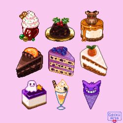  blueberry bug cake cake_slice candy candy_cane carrot carrot_cake character-themed_food chocolate_cake christmas commentary cup drinking_straw english_commentary food food_focus fruit geckiiarts gengar ghost gingerbread_man halloween holly hot_chocolate ice_cream_cone milkshake mug no_humans orange_(fruit) orange_slice original pixel_art pokemon purple_background reindeer simple_background spider sprinkles still_life tart_(food) whipped_cream 