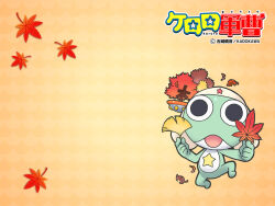  1boy alien black_eyes brown_background colored_skin copyright_name frog full_body green_skin hat jumping keroro keroro_gunsou leaf looking_at_viewer maple_leaf no_humans official_art official_wallpaper open_mouth simple_background solo star_(symbol) tree ufo yoshizaki_mine 