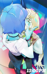  2girls black_choker black_pants blonde_hair blue_eyes blue_hair blue_skin book brown_vest choker colored_skin commentary glasses highres holding holding_book kiss lapis_lazuli_(steven_universe) multiple_girls pants pearl_(steven_universe) pokj shirt short_hair steven_universe timestamp untranslatable_commentary vest white_shirt white_skin yuri 