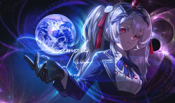  1girl absurdres black_gloves blue_jacket bow breasts brooch check_copyright collared_shirt copyright_request crown earth_(planet) gloves hair_between_eyes hair_ornament hair_ribbon highres jacket jewelry long_hair long_sleeves looking_at_viewer mini_crown open_clothes open_jacket original parted_lips planet red_eyes ribbon shale shirt smile solo space twintails upper_body white_hair white_shirt 