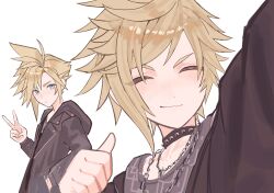  2boys ao_ringo_(yakirinngo_ha) black_coat black_jacket blonde_hair blue_eyes chain chain_necklace closed_eyes closed_mouth cloud_strife cloud_strife_(urban_wolf) coat dissidia_duellum_final_fantasy dissidia_final_fantasy final_fantasy final_fantasy_vii final_fantasy_xv hair_between_eyes highres jacket jewelry male_focus multiple_boys necklace official_alternate_costume print_shirt prompto_argentum prompto_argentum_(friendly_photographer) selfie shirt short_hair smile spiky_hair studded_choker taking_picture thumbs_up upper_body v white_background 