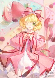  1girl ;d absurdres blonde_hair bow commission dress drill_hair falling_petals food frilled_bow frilled_sleeves frills fruit green_eyes hair_bow heart heart_hands highres hinaichigo light_blush long_sleeves looking_at_viewer mihuashi_commission mihuashi_logo mihuashi_username one_eye_closed open_mouth petals pink_bow pink_dress purple_petals red_ribbon ribbon rozen_maiden short_hair smile solo strawberry wide_sleeves xianyutantan 
