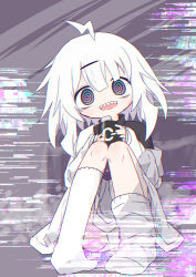  1girl 1n4b4 @_@ absurdres ahoge bags_under_eyes black_sweater commentary_request drink energy_drink glitch hair_ornament hairclip heart highres holding holding_drink jacket lightning_ahoge off-shoulder_jacket off_shoulder open_mouth q-chan_(yunyun_denpa_syndrome) sharp_teeth short_hair sitting socks solo sweater teeth turtleneck turtleneck_sweater white_hair white_jacket white_socks yunyun_denpa_syndrome 