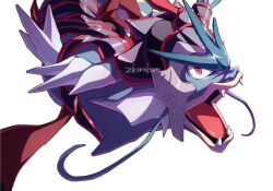  armor black_armor clothed_pokemon fangs gyarados gyarados_(darkness) korosliszt looking_at_viewer no_humans open_mouth pokemon pokemon_(creature) pokemon_focus pokemon_unite red_eyes red_ribbon ribbon simple_background solo upper_body white_background 