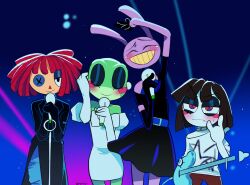  1boy 3girls \m/ alien_stage animal_ears asymmetrical_gloves black_coat black_dress black_gloves black_hair blue_eyes blush_stickers button_eyes buttons choker closed_eyes clothes_writing clothing_cutout coat colored_teeth commentary cosplay derivative_work dress earrings elbow_gloves english_commentary frog_girl fumiunu furry gloves grey_choker half_gloves highres holding holding_microphone ivan_(alien_stage) ivan_(alien_stage)_(cosplay) jax_(the_amazing_digital_circus) jewelry juliet_sleeves long_sleeves microphone mizi_(alien_stage) mizi_(alien_stage)_(cosplay) multicolored_eyes multiple_girls pomni_(the_amazing_digital_circus) puffy_sleeves rabbit_boy rabbit_ears ragatha_(the_amazing_digital_circus) red_eyes red_hair ribbit_(the_amazing_digital_circus) shirt short_hair short_sleeves shoulder_cutout single_elbow_glove single_half_glove smile sua_(alien_stage) sua_(alien_stage)_(cosplay) the_amazing_digital_circus till_(alien_stage) till_(alien_stage)_(cosplay) two-tone_eyes uneven_gloves white_dress white_gloves white_shirt yellow_teeth 