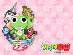  5boys alien black_eyes blue_eyes cherry_blossoms copyright_name dororo_(keroro_gunsou) frog giroro glasses hat holding holding_weapon keroro keroro_gunsou kururu_(keroro_gunsou) looking_at_viewer mask mouth_mask multiple_boys ninja_mask no_humans official_art official_wallpaper pink_background shachihoko simple_background star_(symbol) tadpole tamama ufo weapon yoshizaki_mine 