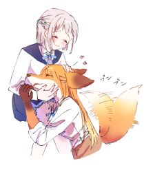  2girls blue_ribbon bracelet braid commentary_request fox_girl furry furry_female furry_with_non-furry gakuen_idolmaster grey_hair hair_ribbon half_up_braid idolmaster interspecies jewelry katsuragi_lilja long_hair multiple_girls neck_ribbon orange_hair ribbon ribbon_braid ring school_uniform shirt shiun_sumika short_hair simple_background snout tail tail_wagging tongue tongue_out torinoinu white_background white_shirt yuri 
