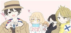  2girls 3boys basyo23 black_coat black_hair blonde_hair blue_necktie blue_sweater blush brown_coat brown_eyes brown_hair brown_hat brown_jacket chibi chibi_inset coat collared_shirt dress_shirt fedora gamon_yuuta glasses hair_between_eyes hair_ornament hairpin hashigami_sarai hat heart heart_hands highres in_love jacket kisaki_asuna medium_hair moritsuka_shun multicolored_coat multiple_boys multiple_girls narusawa_ryouka necktie nervous_sweating occultic;nine one_eye_closed opaque_glasses open_mouth pillow pink_background science_adventure shirt shooting_star_hair_ornament short_hair star_(symbol) star_hair_ornament suit_jacket sweat sweater upper_body white_shirt yellow_coat yellow_eyes yes-no_pillow 