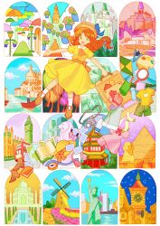  1girl absurdres amsterdam ascot blue_bow boater_hat book boots bottle bow box brown_boots brown_hat camera castle clock clock_tower commentary_request compass dress egypt elizabeth_tower eraser france great_pyramid_of_giza great_sphinx_of_giza green_eyes hand_mirror handkerchief hat hat_bow headphones highres holding holding_suitcase india italy japan kazamati_soyoka lantern location_request london long_hair maruman_sketchbook merlion mirror mont_st-michel mount_fuji netherlands new_york_city niagara_falls open_book open_mouth open_suitcase orange_ascot orange_hair orange_sash original pagoda paint_palette pants paper_lantern pencil pencil_case perfume_bottle pyramid_(structure) real_world_location red_bow shirt short_sleeves shorts singapore single-lens_reflex_camera sketchbook smile socks solo statue_of_liberty suitcase sun_hat switzerland taj_mahal thermos toothbrush tower united_kingdom united_states unworn_boots unworn_dress unworn_pants unworn_shirt unworn_shorts unworn_socks venice water_bottle white_socks windmill yellow_dress 