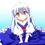  age_regression ahoge blush dress grey_hair kaiza_(rider000) kamishirasawa_keine long_hair looking_at_viewer multicolored_hair oversized_clothes pink_eyes rider000 solo stare tareme touhou two-tone_hair white_hair wide-eyed wide_eyed young 
