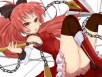  ass bare_shoulders boots chain chains detached_sleeves highres long_hair mahou_shoujo_madoka_magica no_panties polearm ponytail red_eyes red_hair redhead sakura_kyouko solo spear thigh-highs thighhighs weapon yamamoto_tama 