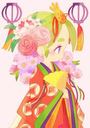  absurdres child closed_mouth commentary_request flower folding_fan from_side green_hair hand_fan highres hina_ningyou hinamatsuri hirabitai holding holding_fan japanese_clothes karaginu_mo kazamati_soyoka kimono layered_kimono leaf long_hair long_sleeves original pink_background pink_flower pink_rose plant_hair purple_flower red_flower red_kimono red_rose rose sleeves_past_wrists smile tassel upper_body violet_eyes wide_sleeves 