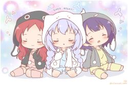  3girls ^_^ animal_ears animal_hood blue_camisole blue_hair braid camisole character_hood chibi chimame-tai closed_eyes closed_mouth commentary_request drawstring english_text facing_viewer fake_animal_ears fang flower_symbol girl_sandwich gochuumon_wa_usagi_desu_ka? grey_jacket hair_ornament hood hood_up jacket jouga_maya kafuu_chino kneehighs leg_warmers long_hair long_sleeves loungewear mitarashi_neko multiple_girls natsu_megumi no_shoes one_eye_closed open_clothes open_jacket pink_camisole pink_leg_warmers pink_shorts polka_dot polka_dot_background pom_pom_(clothes) rabbit_ears rabbit_hood red_hair sandwiched seiza shorts sidelocks sitting smile socks toeless_legwear twin_braids twitter_username white_jacket x_hair_ornament yellow_camisole yellow_leg_warmers yellow_shorts 