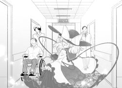  2girls 3boys bow closed_eyes collared_shirt commentary disembodied_linked_eye doctor english_commentary exit_sign eyeball faceless faceless_female faceless_male facing_viewer fading floral_print frilled_shirt_collar frilled_sleeves frills greyscale hair_between_eyes hat hat_bow highres hospital indoors kakunoshin22 komeiji_koishi long_sleeves mixed-language_commentary monochrome multiple_boys multiple_girls necktie nurse nurse_cap open_mouth outstretched_arms pants print_skirt rose_print shirt short_sleeves skirt smile spread_arms touhou wheelchair wide_sleeves 
