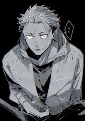  1boy aoi_(aoi68) black_background blush closed_mouth commentary_request greyscale hood hood_down hooded_jacket itadori_yuji jacket jujutsu_kaisen jujutsu_kaisen_modulo looking_at_viewer male_focus monochrome pants scar scar_on_face scar_on_forehead scar_on_mouth shirt short_hair simple_background solo speech_bubble translation_request twitter_username unzipping zipper 
