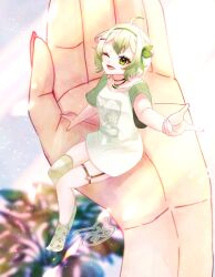  1girl 1other absurdres ahoge animal_ears asymmetrical_legwear commentary english_commentary ferret_ears ferret_girl food fruit gradient_hair green_eyes green_hair green_hairband green_socks green_thighhighs hair_between_eyes hair_ornament hairband highres indie_virtual_youtuber lime_(fruit) lime_slice limealicious limealicious_(cozy) looking_at_viewer mismatched_legwear multicolored_hair one_eye_closed open_mouth paw_print shirt short_hair short_sleeves sitting_on_hand size_difference socks striped_clothes striped_thighhighs thigh-highs thigh_strap usarikoillust vinesauce virtual_youtuber white_hair white_shirt 