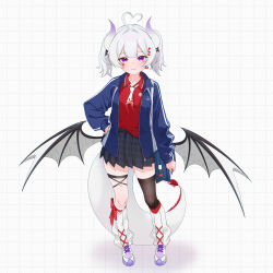  1girl :3 absurdres ahoge bag black_skirt black_thighhighs blue_bag blue_jacket closed_mouth commentary_request double-parted_bangs dragon_girl dragon_horns dragon_tail dragon_wings english_commentary facial_tattoo flower_tattoo full_body grid_background hair_ornament hand_on_own_hip heart heart_ahoge highres horns jacket leg_warmers long_sleeves looking_at_viewer miniskirt mixed-language_commentary necktie open_clothes open_jacket original pleated_skirt purple_shoes red_shirt school_bag school_uniform shirt shoes short_hair short_necktie single_thighhigh skirt smile solo standing tail tattoo thigh-highs thigh_strap twintails violet_eyes white_background white_hair white_leg_warmers white_necktie wings yuki_kurihara yukivju 