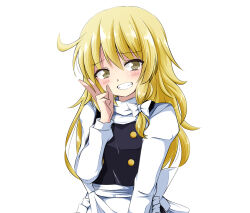  1girl apron back_bow black_vest blonde_hair blush bow commentary_request grin hair_bow highres kirisame_marisa long_hair long_sleeves looking_at_viewer missing_headwear simple_background smile smug textless_version touhou tsuukinkaisoku_oomiya v vest waist_apron white_apron white_background white_bow yellow_eyes 