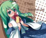  bad_id covering_mouth detached_sleeves frog gift gohei green_eyes green_hair hair_ornament happy_valentine holding holding_gift kochiya_sanae long_hair mouth_hidden naotaka snake solo touhou valentine 