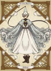  1boy boots cloak full_body glasses hat highres male_focus qifrey_(tongari_boushi_no_atelier) solo tassel tongari_boushi_no_atelier white_hair wizard_hat ylantearn 