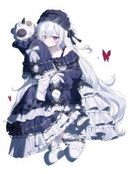  1girl absurdres blue_hairband bow bug butterfly closed_mouth commentary_request dress empty_eyes expressionless frilled_dress frilled_sleeves frills full_body gothic_lolita hair_over_one_eye hairband highres holding holding_pillow kohaku_sogo lolita_fashion lolita_hairband long_dress long_hair long_sleeves mahou_shoujo_no_majo_saiban natsume_an-an one_side_up pillow polka_dot polka_dot_bow red_butterfly sitting sleeves_past_fingers sleeves_past_wrists slippers solo stuffed_animal stuffed_sheep stuffed_toy very_long_hair violet_eyes white_background white_hair white_slippers 