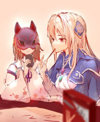  2girls blonde_hair blue_capelet brown_hair capelet commentary_request cup food food_in_mouth fox_mask heaven_burns_red holding holding_food holding_pocky kiryuu_miya long_hair mask multiple_girls neck_ribbon no53_(pixiv_77486930) pocky pocky_in_mouth purple_ribbon ribbon shirakawa_yuina yunomi 