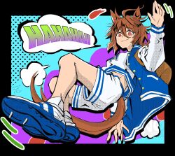  1girl agnes_tachyon_(boundless_laboratory)_(umamusume) agnes_tachyon_(umamusume) ahoge animal_ears basketball_jersey bean_bag blue_jacket breasts brown_hair closed_mouth commentary_request gogono_pan'ya hair_between_eyes highres horse_ears horse_girl horse_tail jacket jersey letterman_jacket long_sleeves official_alternate_costume open_clothes open_jacket red_eyes shoes shorts smile socks speech_bubble sportswear tail umamusume white_jersey white_shoes white_shorts white_socks 