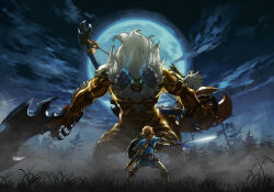  2boys abs absurdres arm_up armband backlighting beard belt blue_eyes blue_shirt boots bow_(weapon) brown_boots clenched_hands clenched_teeth clouds colored_skin dust eye_trail facial_hair facing_another facing_away fighting_stance from_behind full_beard full_moon glowing glowing_eyes grass grey_horns highres holding holding_shield holding_sword holding_weapon horns incredibly_absurdres knee_boots layered_sleeves legs_apart light_trail link long_sleeves looking_at_another lynel male_focus master_sword moon multiple_boys muscular muscular_male night official_art outdoors outstretched_arm pants pouch sharp_teeth shield shirt short_over_long_sleeves short_sleeves size_difference straight-on sword takumi_wada taur teeth the_legend_of_zelda the_legend_of_zelda:_breath_of_the_wild third-party_source tree triforce undershirt vambraces weapon weapon_on_back white_hair white_pants yellow_skin 