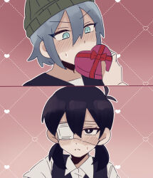 1boy 1girl andou_(sino_spkt) antenna_hair aubrey_(faraway)_(omori) aubrey_(omori) bandaged_fingers bandages beanie black_eyes black_hair black_vest blue_eyes blue_hair blush box commentary_request eyepatch genderswap genderswap_(ftm) genderswap_(mtf) green_hat grey_hair hat heart-shaped_box medical_eyepatch omori red_ribbon ribbon shirt short_twintails spoilers sunny_(omori) twintails valentine vest white_shirt